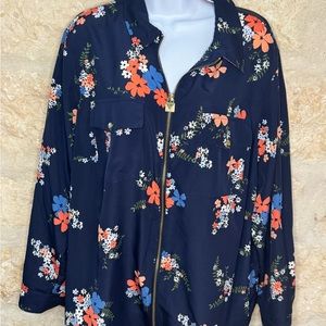 Michael Kors Floral Zip-Up Blouse - Navy, Orange, Blue, White